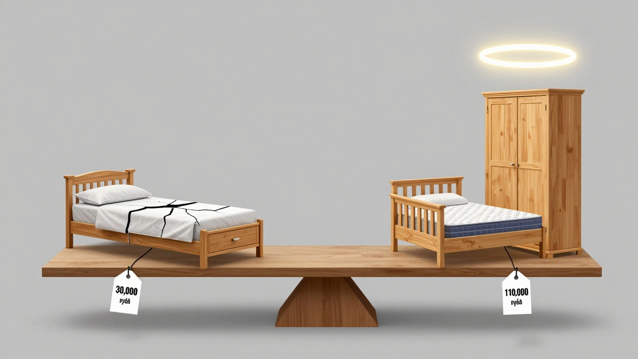 Символическая диаграмма: дешёвая мебель слева и качественная — справа, подчёркивающая долгосрочную ценность.