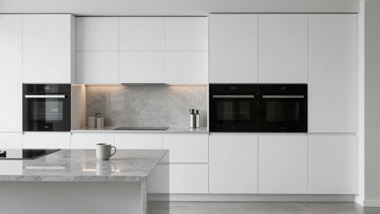 Современная кухня в минималистичном стиле с белыми гладкими фасадами и скрытой техникой.
