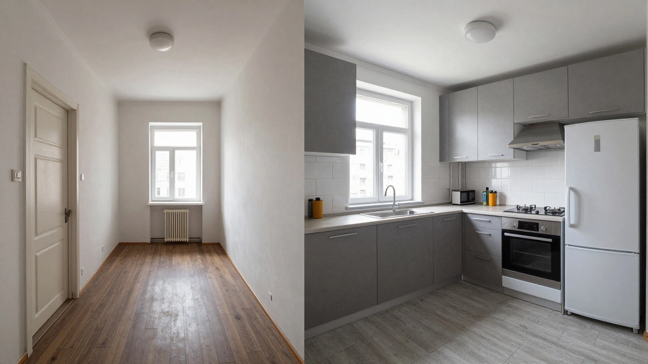 Сравнение до и после ремонта кухни в хрущевке: устаревшая планировка и оптимизированный современный дизайн.
