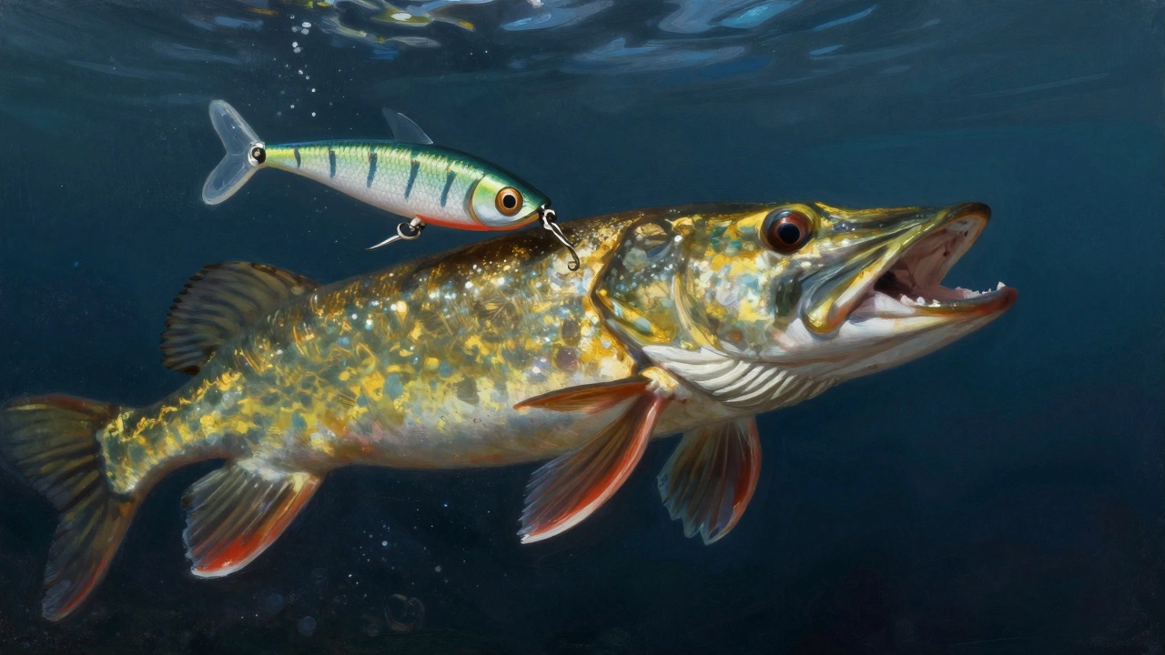 Щука атакует силиконовую приманку в воде — без червяка, только движение и блеск.