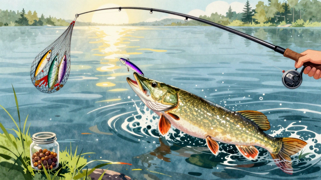 Щука на виброхвосте в летнем озере, вода бурлит от движения.