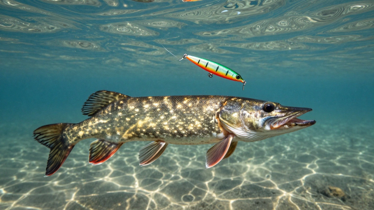 Щука под водой атакует яркую искусственную приманку