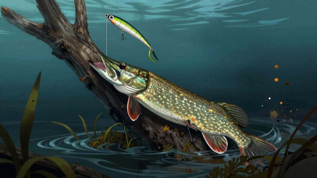 Щука в темной воде рядом с затопленным деревом, над ней висит силиконовая приманка на стальном поводке.