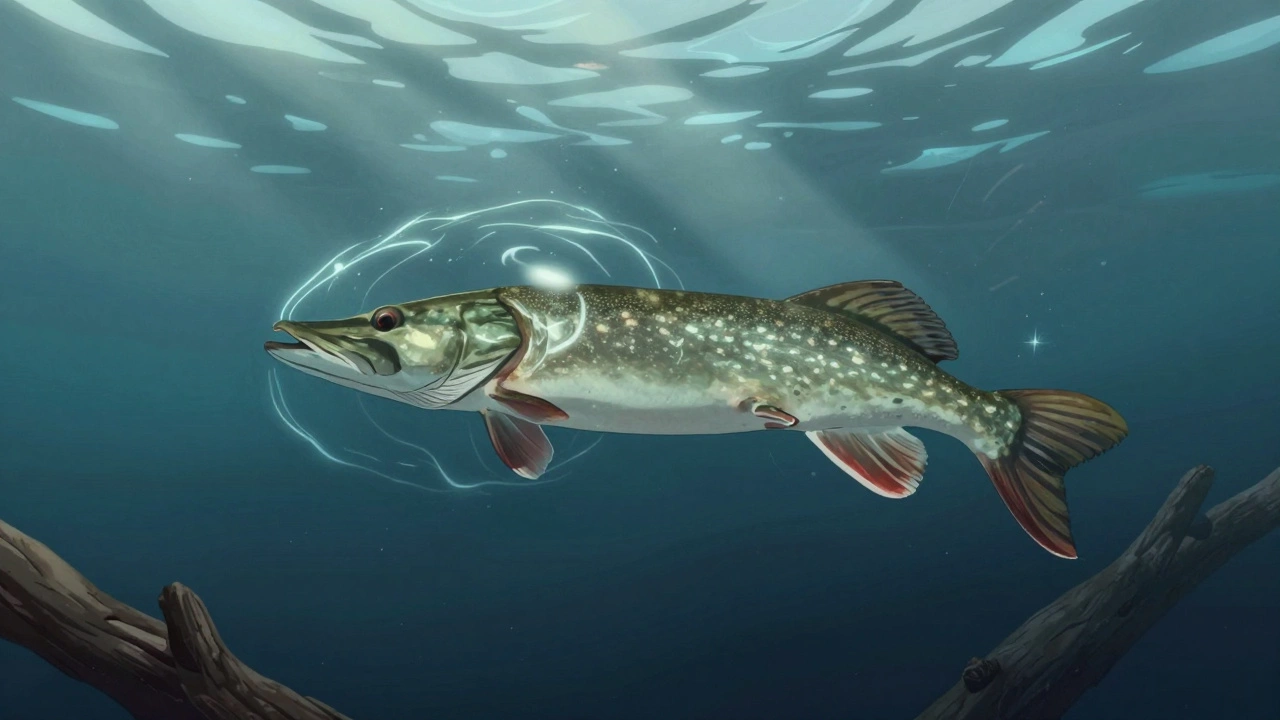 Щука в воде с визуализацией давления, влияющего на её плавательный пузырь, между мелководьем и глубиной.