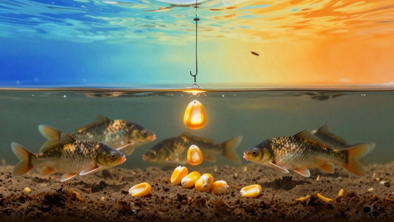 Три слоя весенней рыбы: кукуруза на дне, караси в середине, маггот сверху.