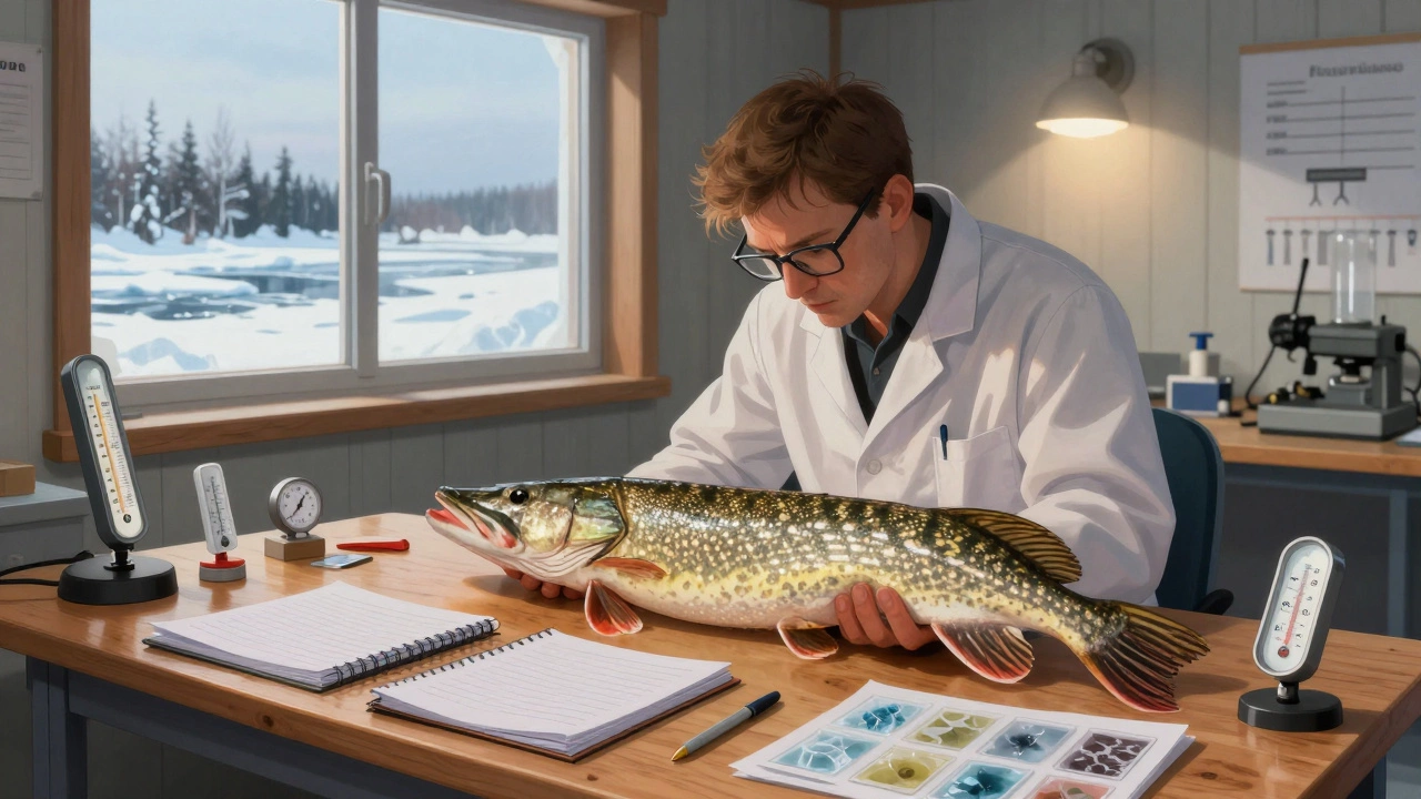 Ученый измеряет щуку в зимней исследовательской станции в Сибири.