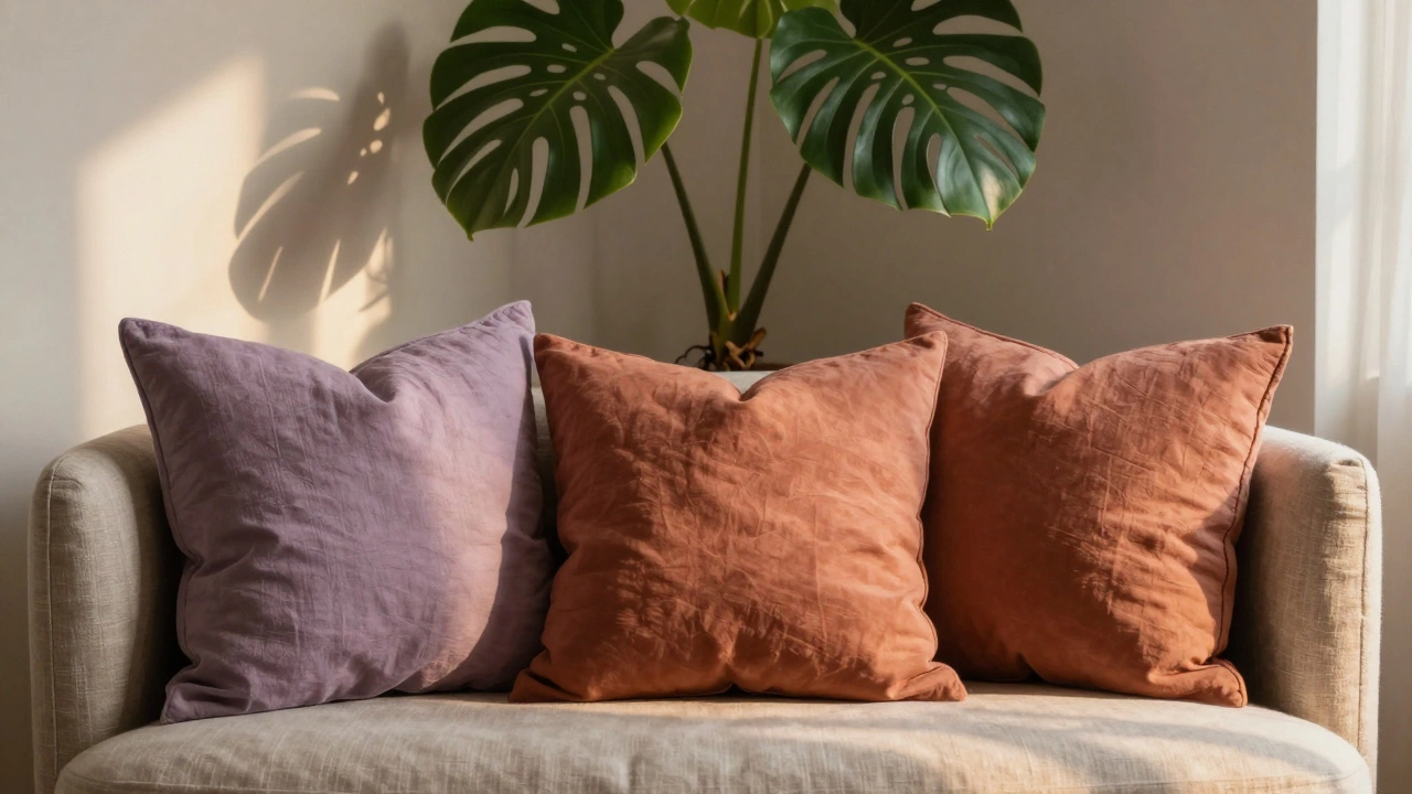 Уютный уголок с комнатным растением монстера. Подушки лавандового и терракотового цвета.