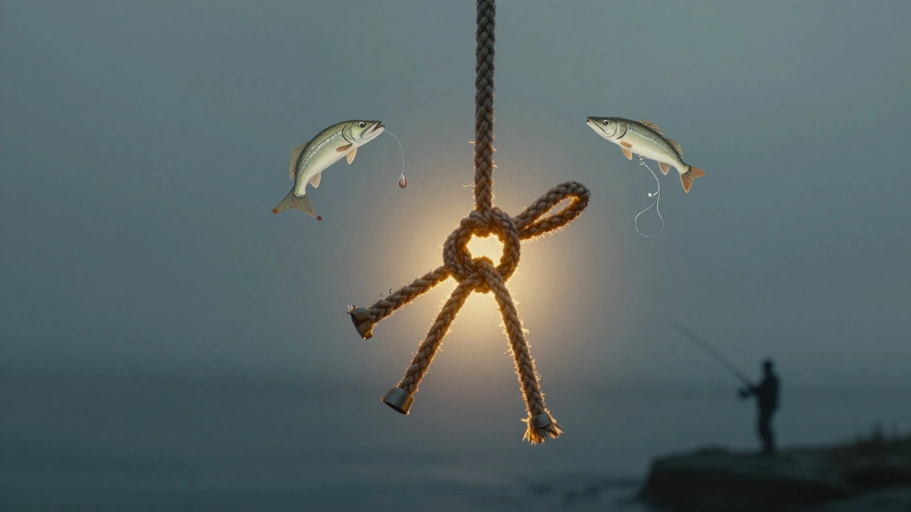 Узел булинь в виде символа успеха рыбалки, окруженный элементами охоты за рыбой.