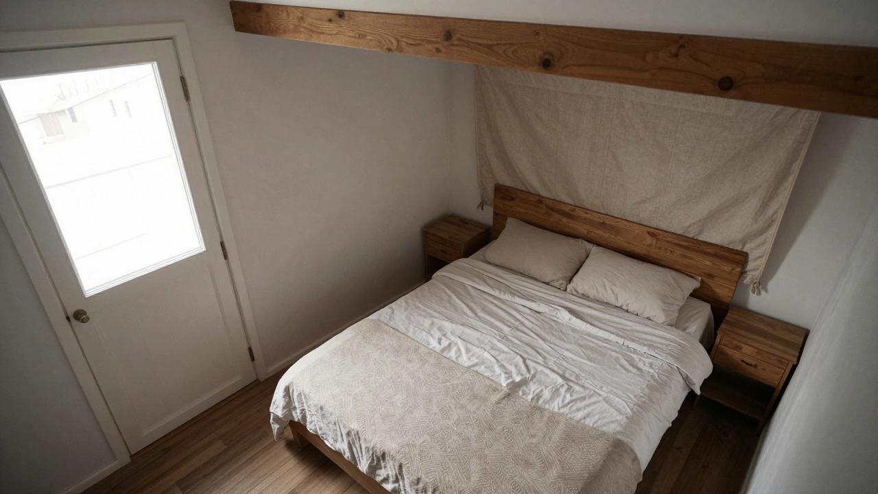 В маленькой спальне кровать размещена под углом между дверью и окном, над изголовьем — тканевая панель.