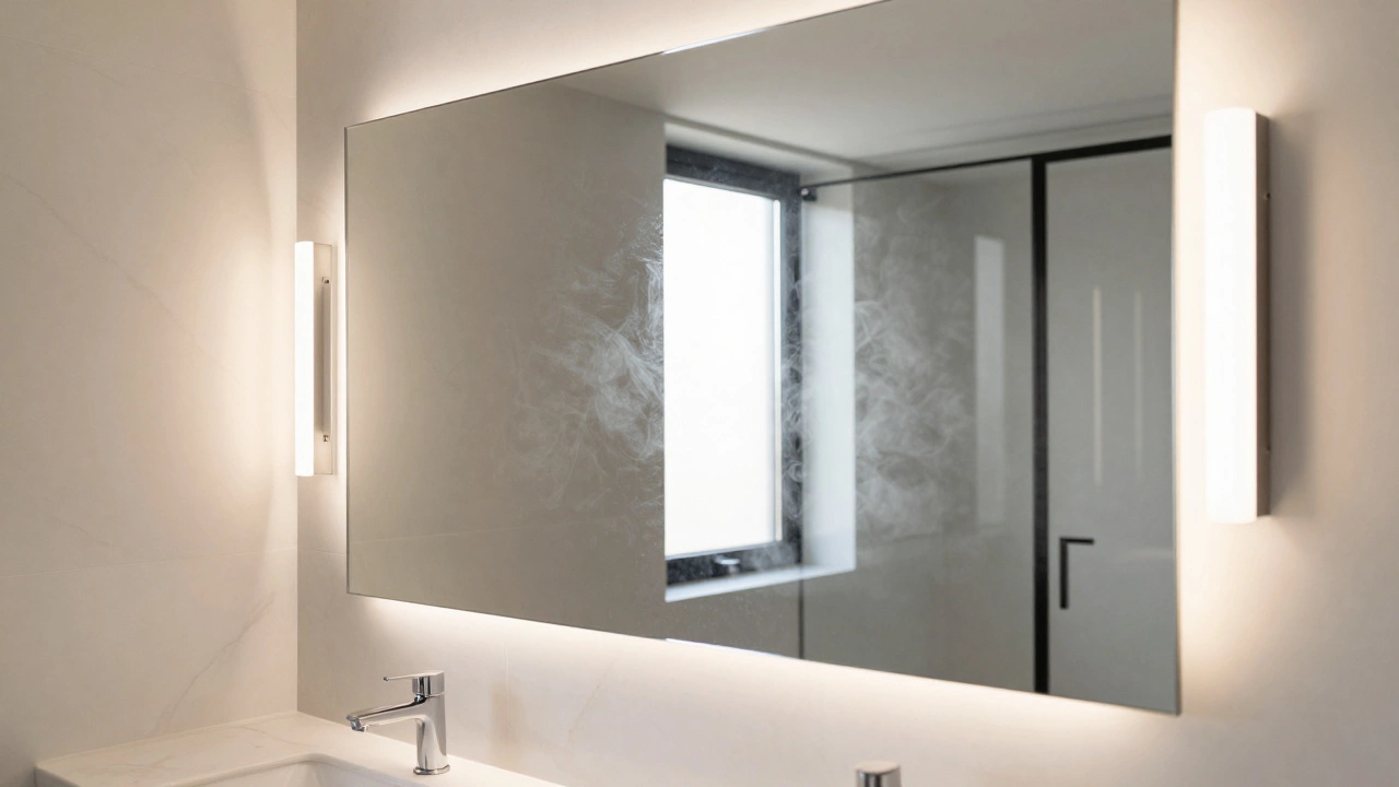 Ванная комната с большим зеркалом напротив окна. Подсветка вокруг зеркала для макияжа.