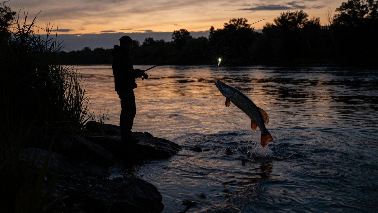 Вечером щука прыгает из воды, пытаясь схватить приманку на реке Томь.