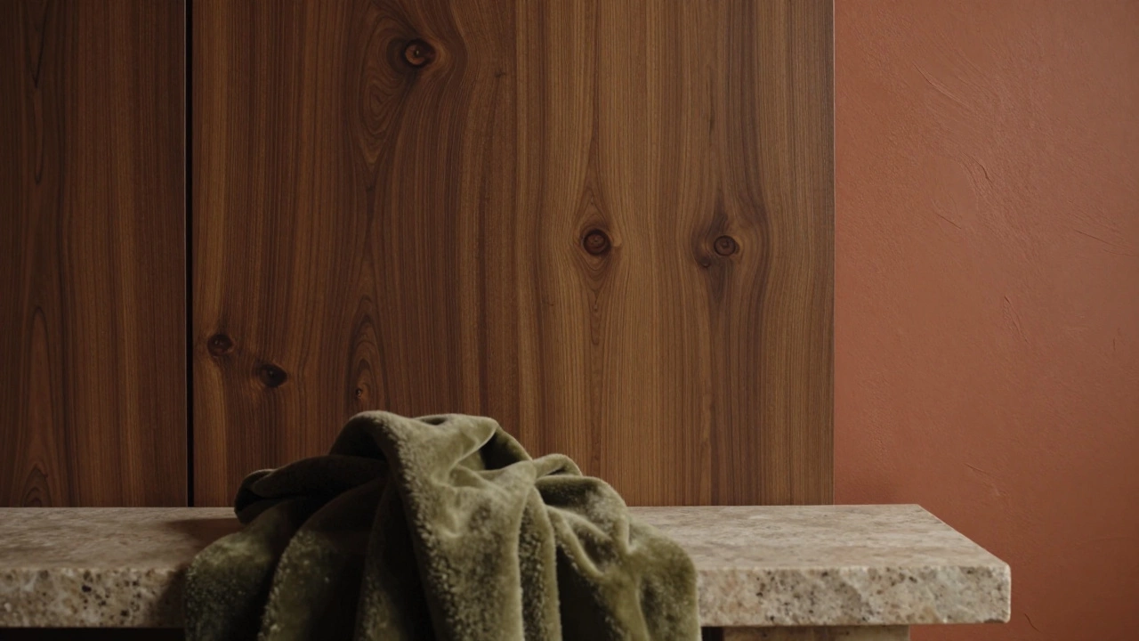 Детали интерьера: панели из натурального дерева, терракотовая стена и столешница из травертина