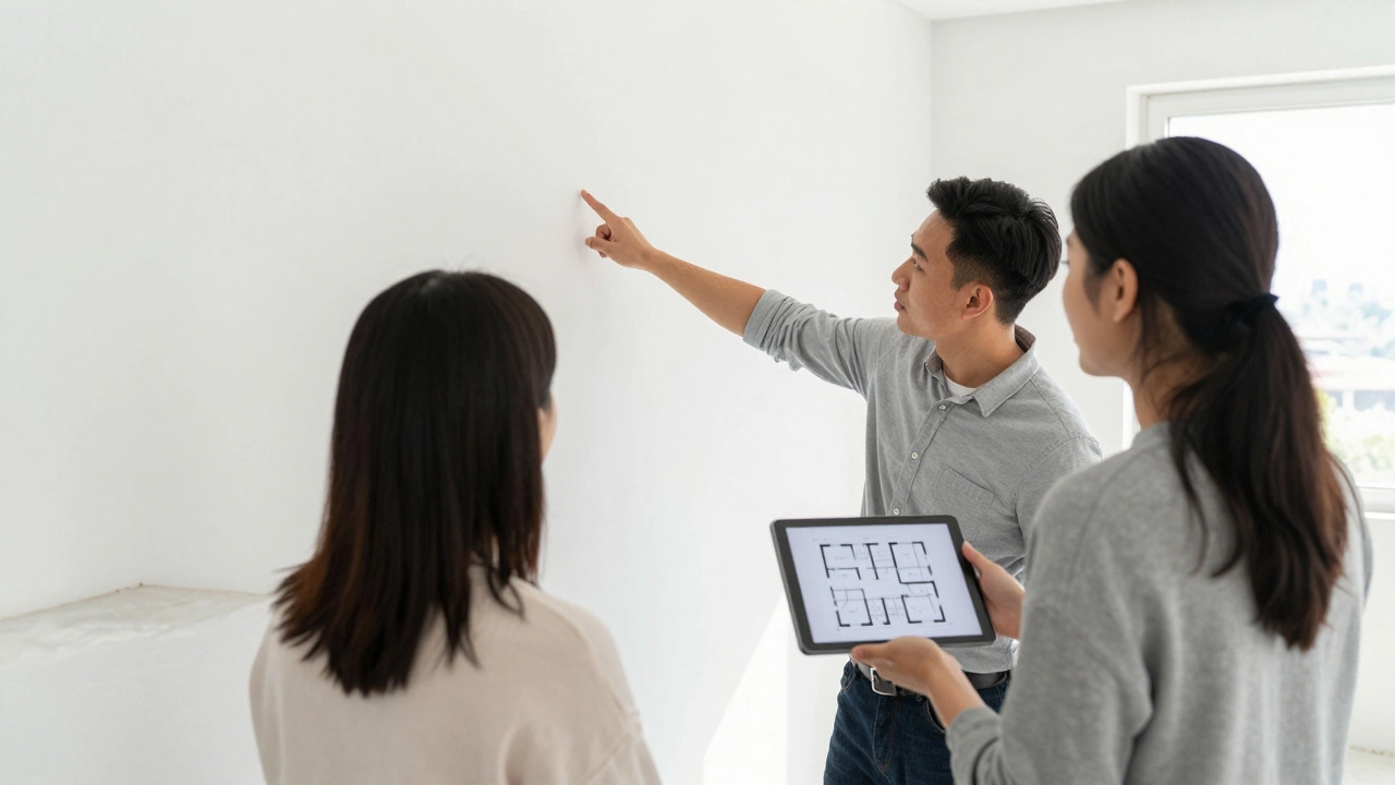 Дизайнер интерьера обсуждает планировку с клиентами на объекте