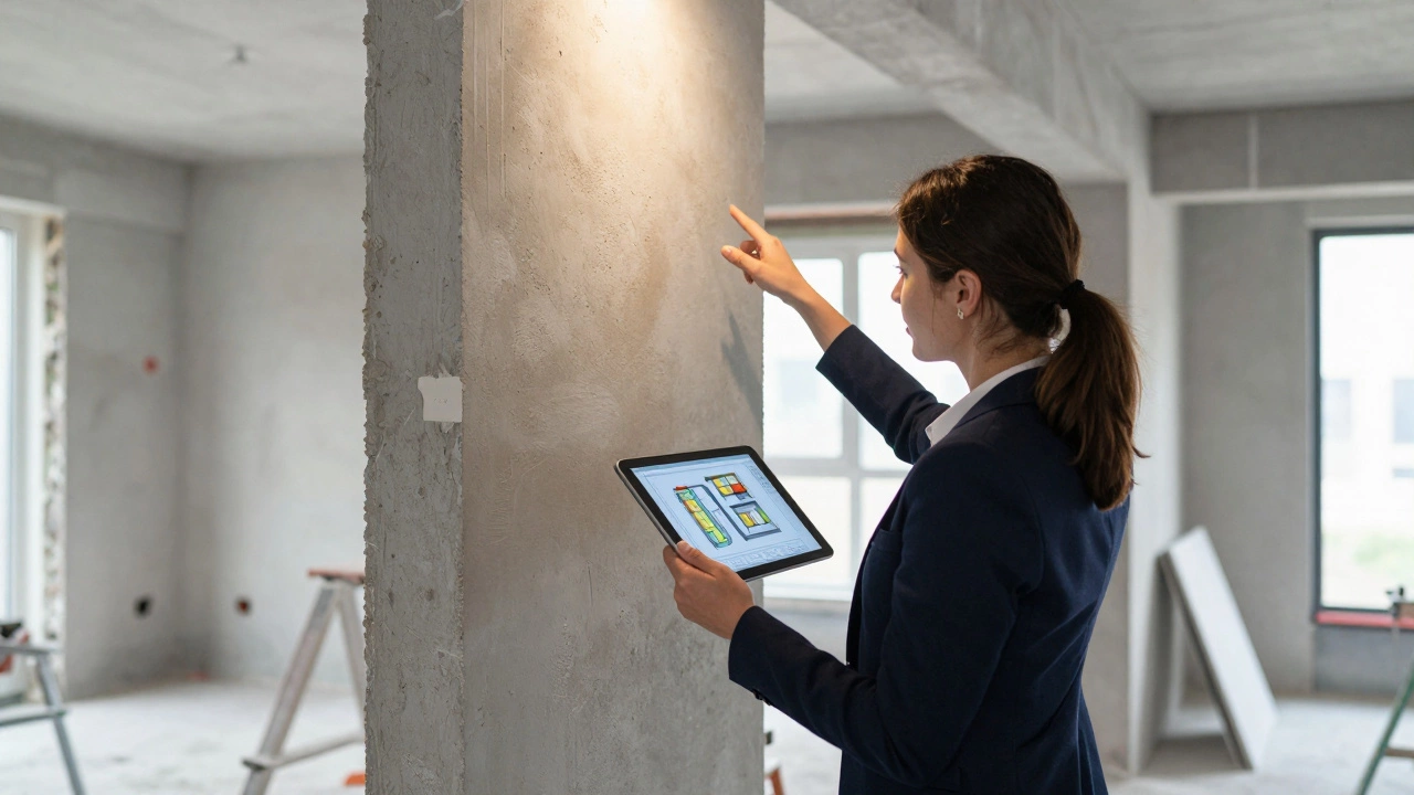Дизайнер проверяет соответствие ремонта проекту на объекте с помощью планшета
