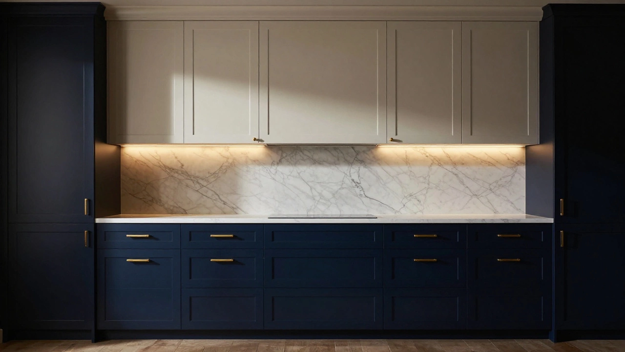 Двухцветная кухня с темно-синими нижними шкафами и золотой фурнитурой