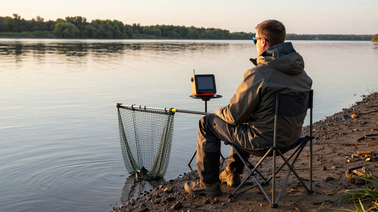 Экипировка рыбака на берегу реки: стул, подсак и современная одежда