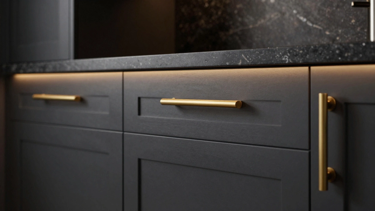 Графитовые матовые фасады кухни с латунной фурнитурой