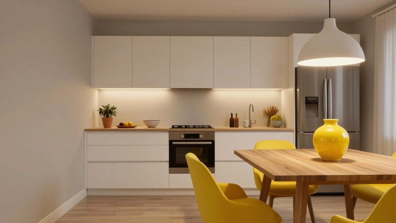 Интерьер кухни в нейтральных тонах с яркими желтыми акцентами в стиле 60/30/10