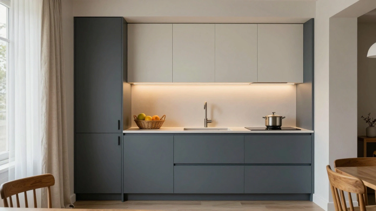 Интерьер маленькой кухни с серо-синими нижними шкафами и белыми верхними