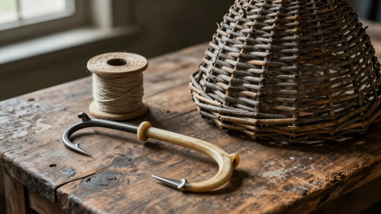 Костяной крючок и плетеная верша на старом деревянном столе