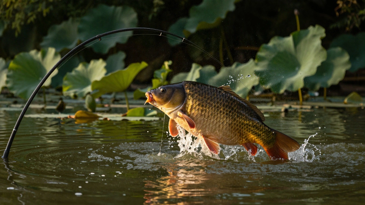 Крупный карп сражается на прочной леске, создавая брызги воды в пруду