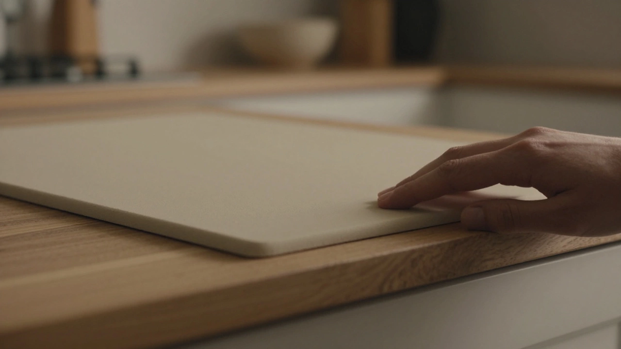 Крупный план матовой бежевой поверхности мебели и натурального дерева в теплом освещении