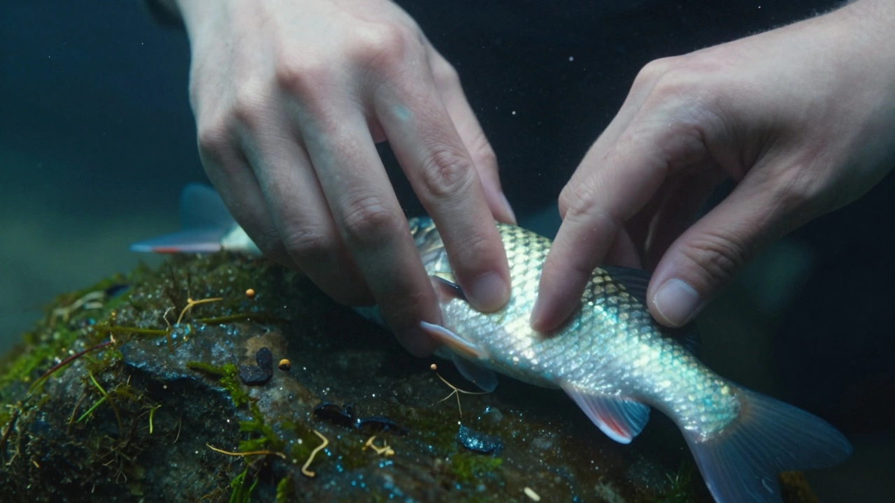 Крупный план рук, аккуратно касающихся рыбы под подводным камнем