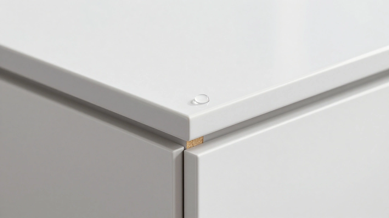 Макросъемка идеального лазерного шва на торце кухонного фасада с каплей воды