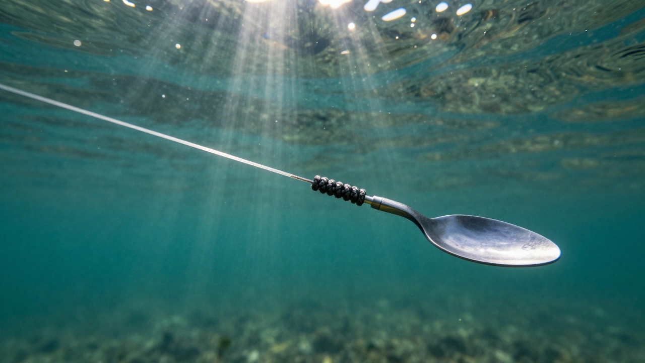 Макроснимок плетеных лесок и металлической блесны под водой