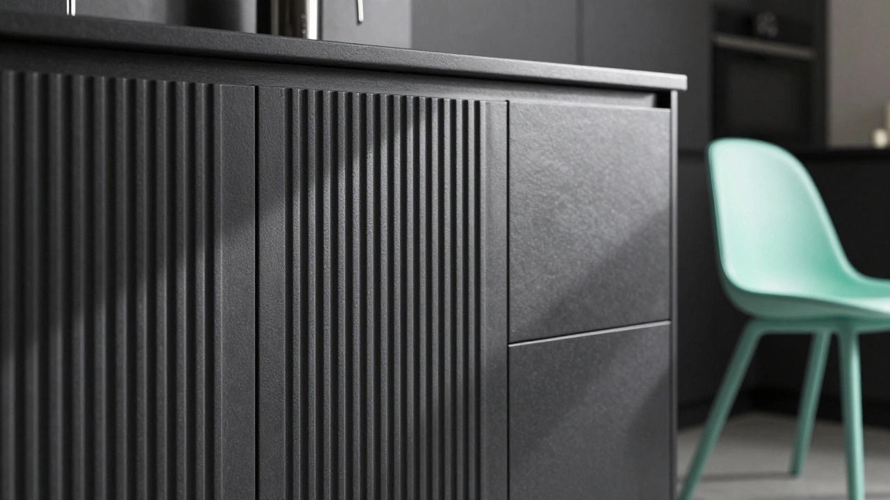 Матовые графитовые кухонные фасады с рифленой текстурой и мятным акцентом