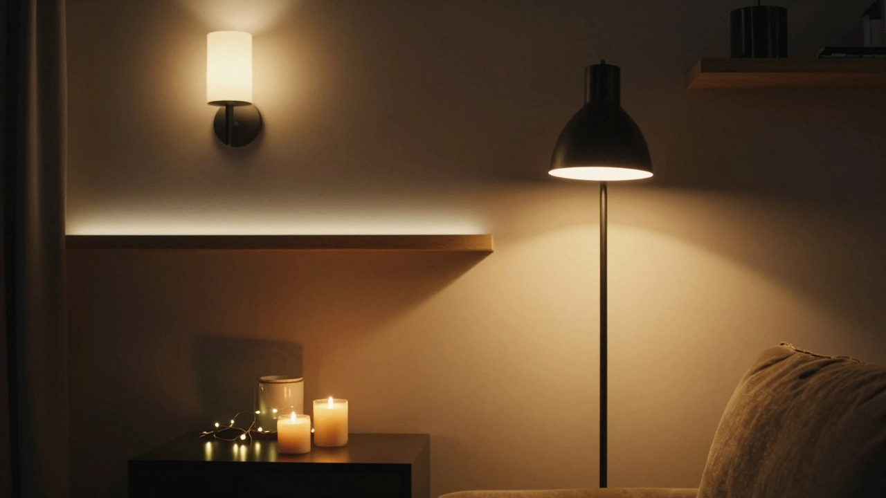 Многослойное освещение в интерьере: торшер, настенный светильник и уютные свечи