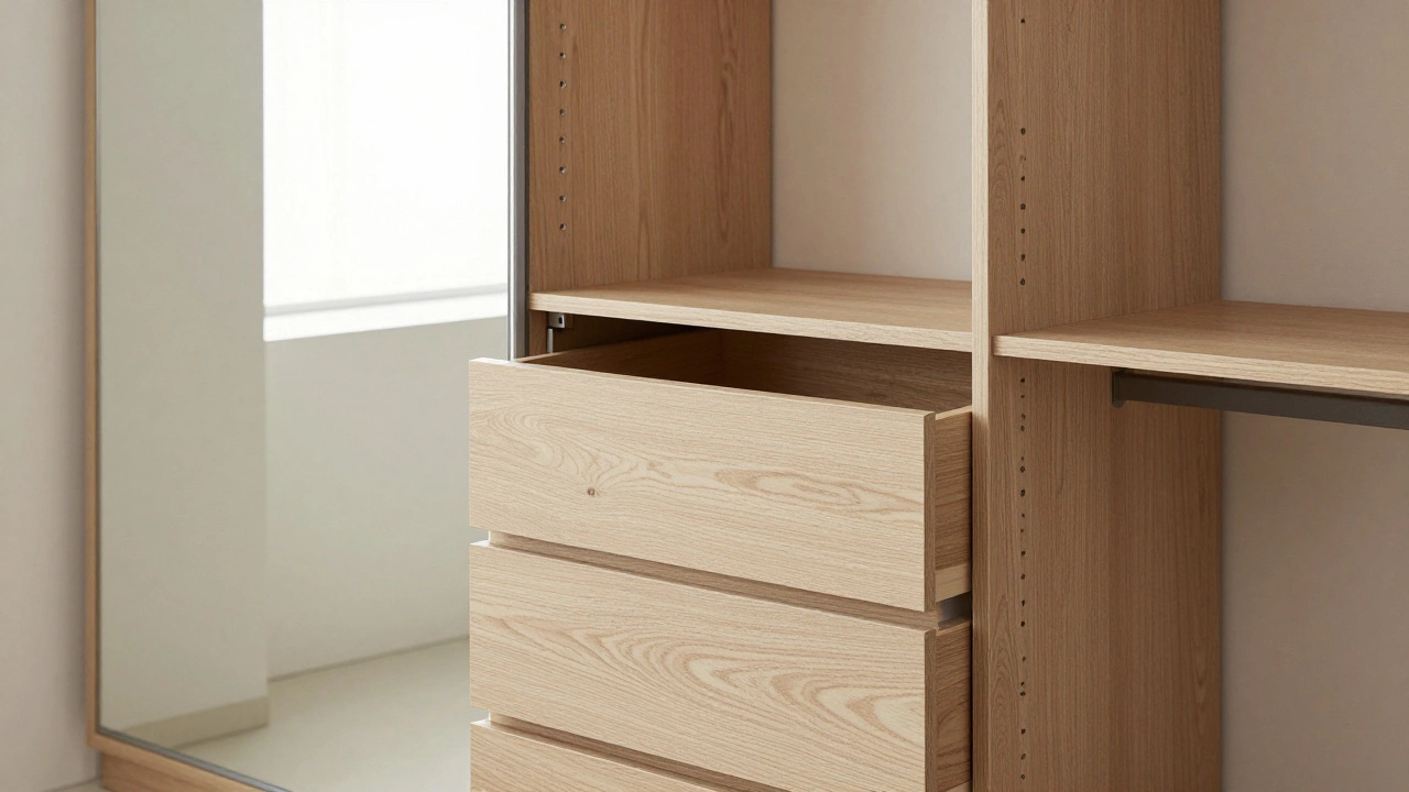 Модульный комод под дуб и распашной шкаф с зеркальными дверцами в светлом интерьере