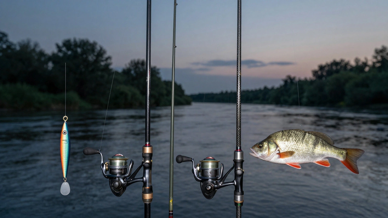 Набор рыболовных снастей: спиннинг, поплавочная удочка и фидер