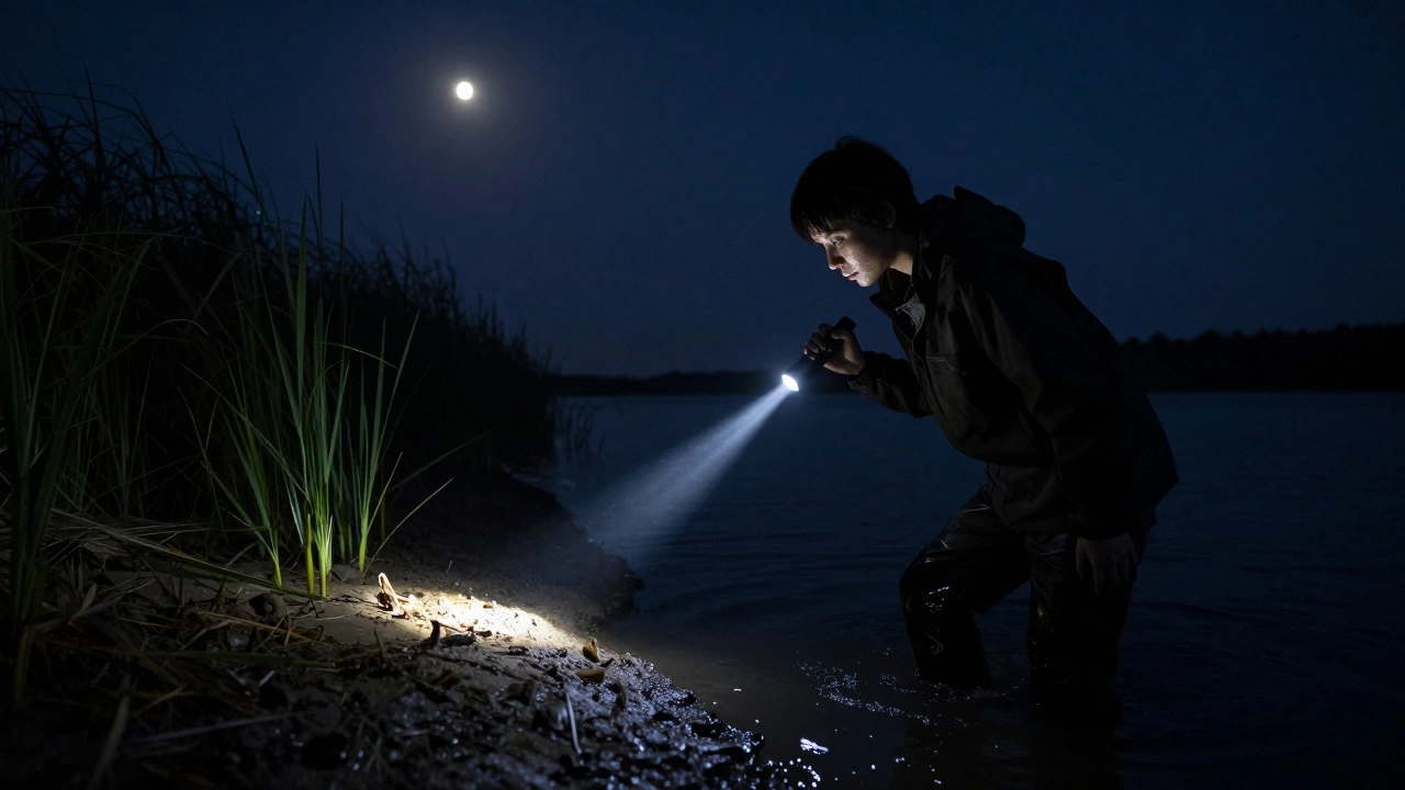 Ночная ловля рыбы с фонариком на мелководье среди камышей