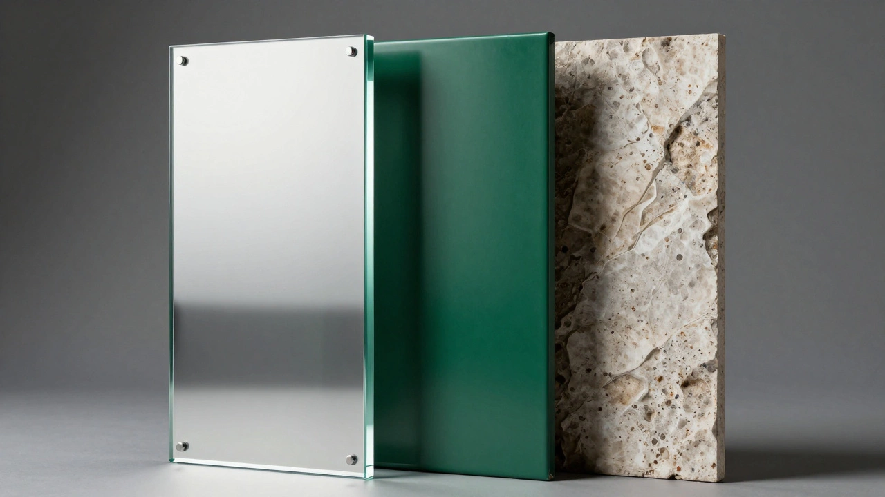 Образцы материалов для кухни: глянцевый акрил, изумрудная эмаль и текстурный HPL-пластик