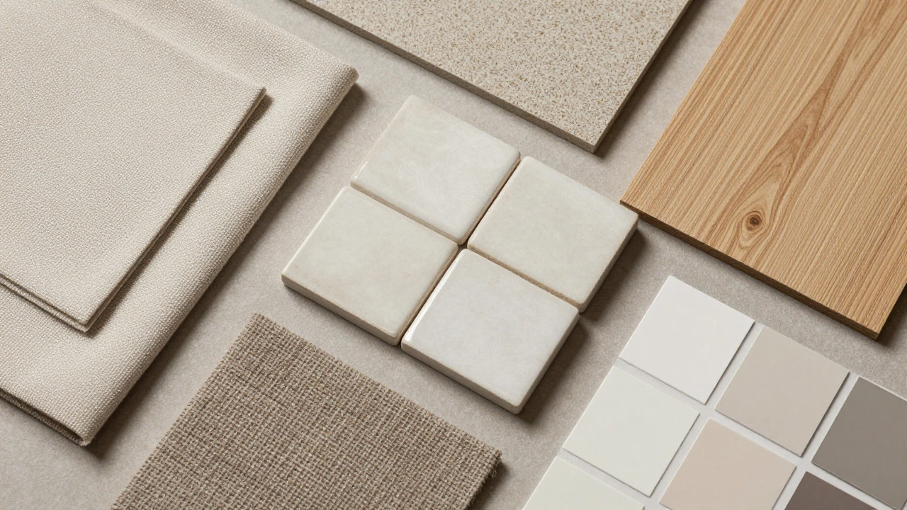 Образцы материалов для ремонта: плитка, ткань, дерево