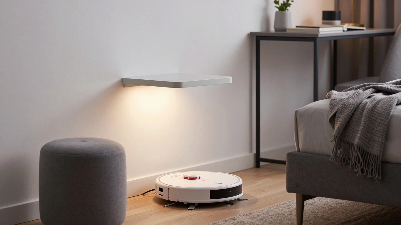 Подвесная прикроватная тумба и стильный пуф с металлическими ножками в спальне