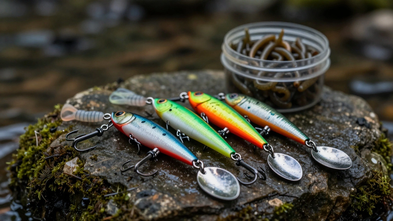 Различные рыболовные приманки: воблеры, силикон и блесны на камне