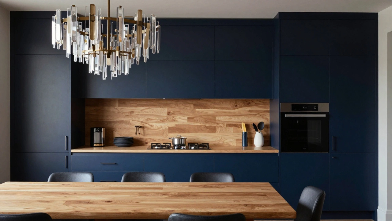 Роскошная кухня в глубоком синем цвете с элементами светлого дуба