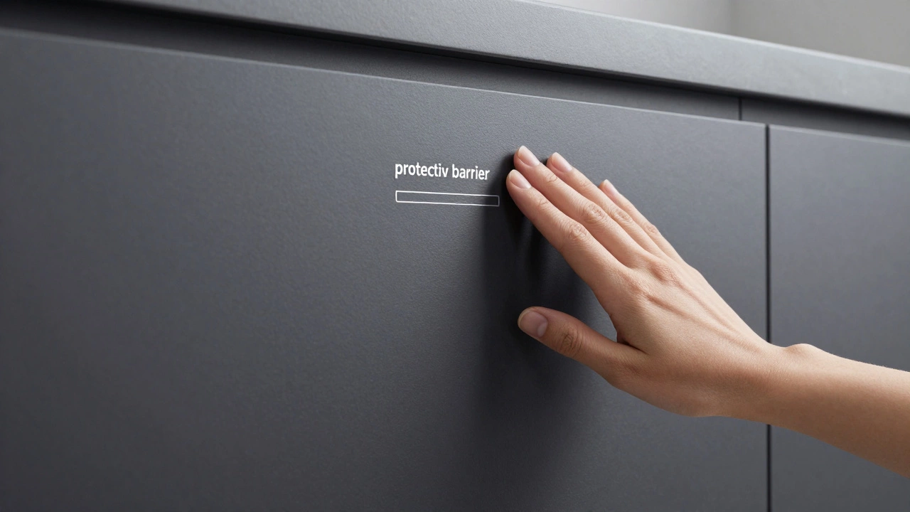 Рука касается темно-серой матовой поверхности кухни с защитой от отпечатков