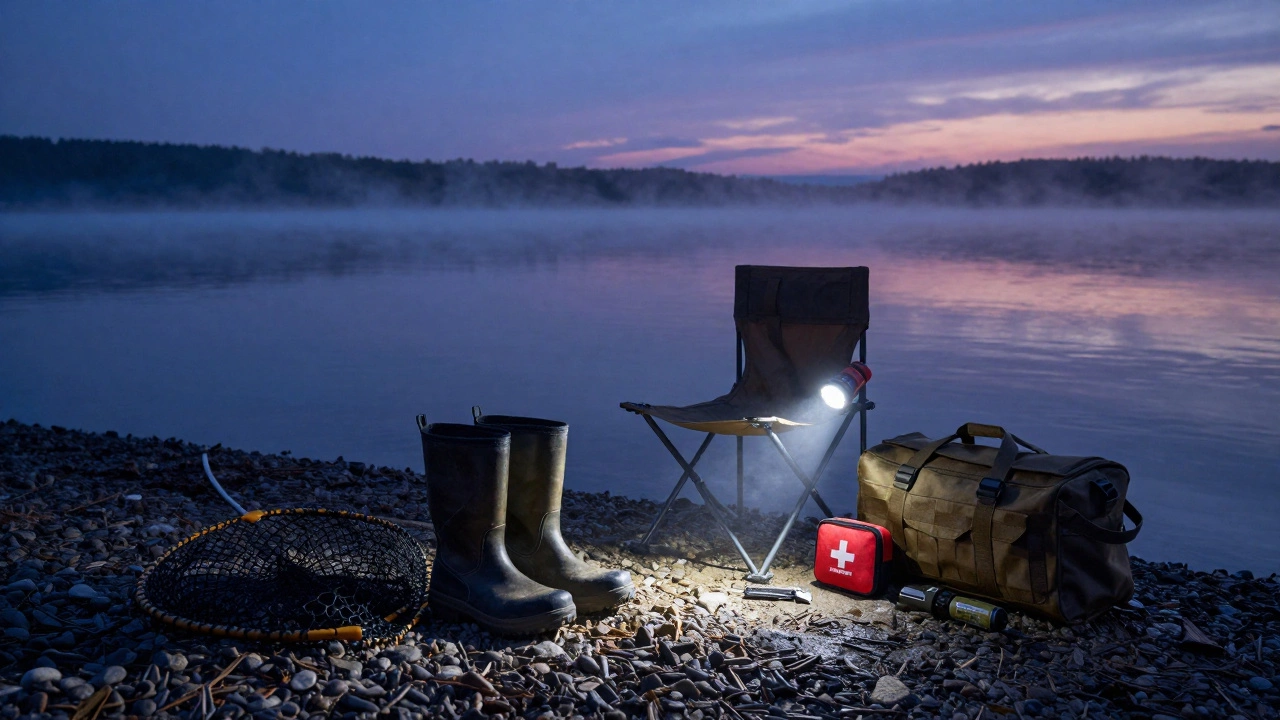 Рыбацкое снаряжение на берегу у воды в сумерках: сапоги, подсачек и фонарик