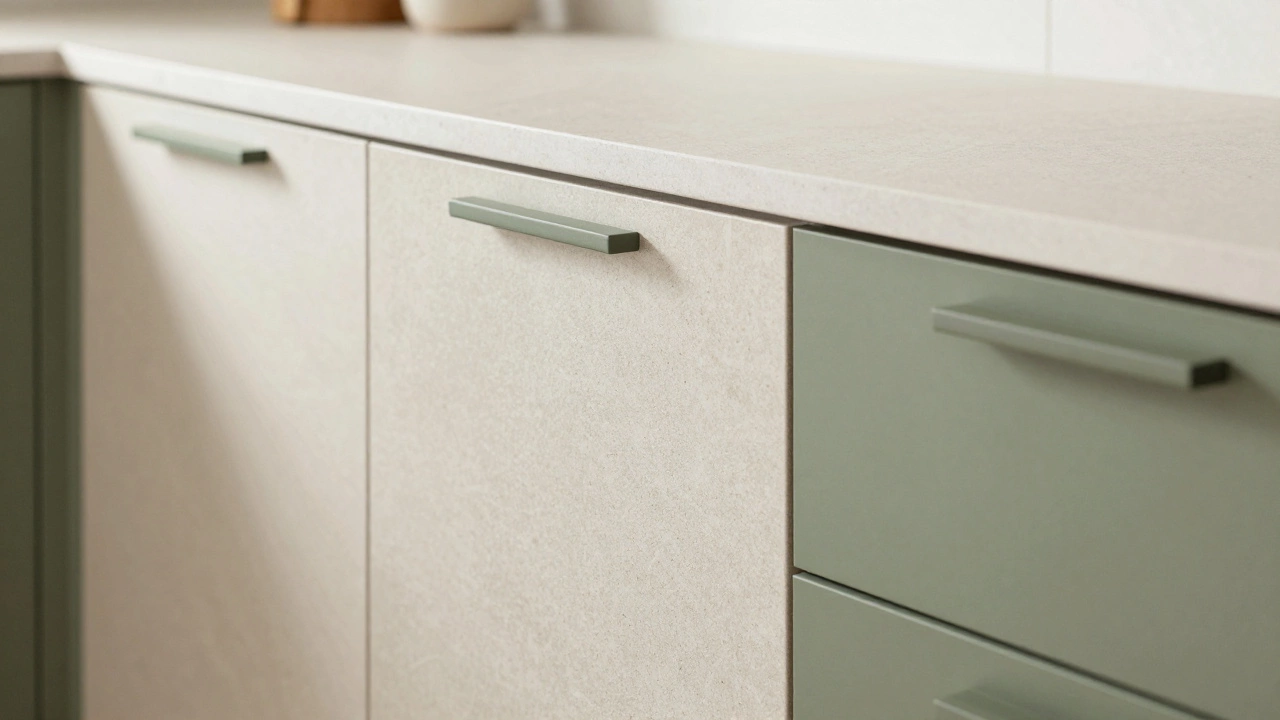 Современная кухня с матовыми фасадами оливкового и песочного цвета и профиль-ручками