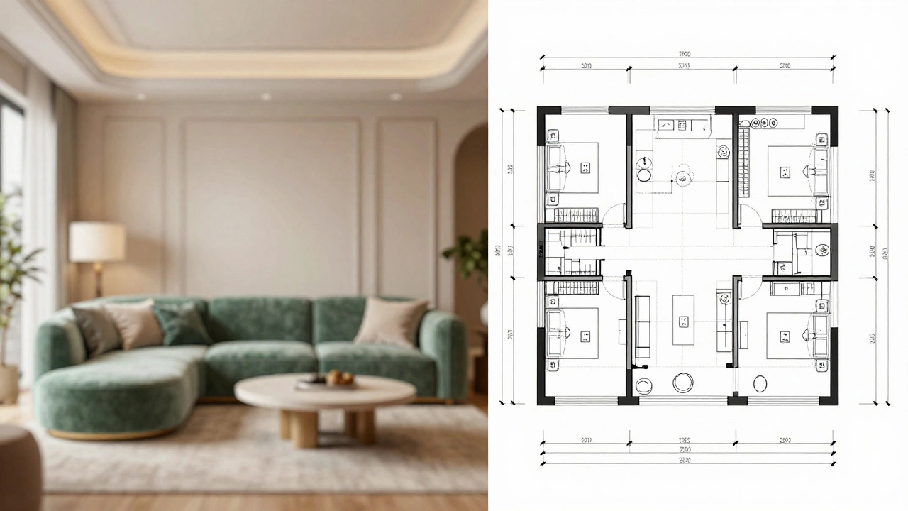 Сравнение 3D-визуализации интерьера и технического чертежа с электрикой