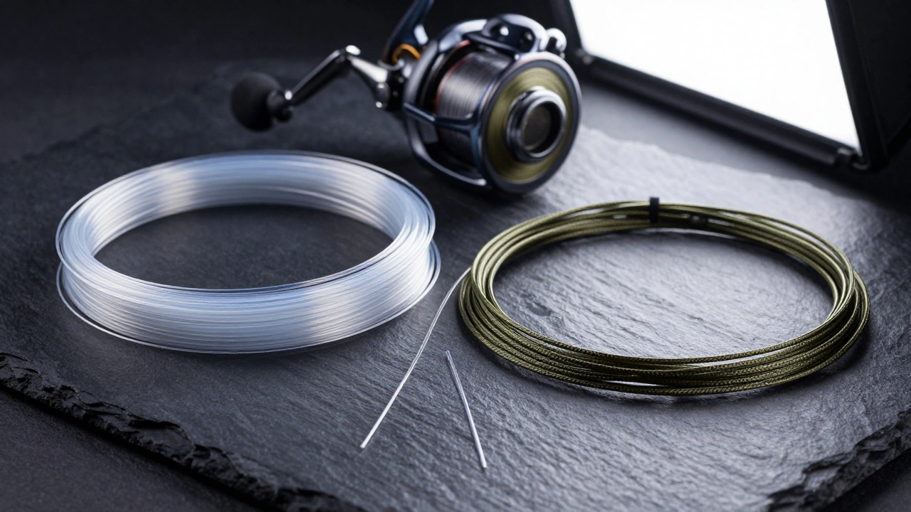 Сравнение монолески, флюорокарбона и плетенки на темном фоне