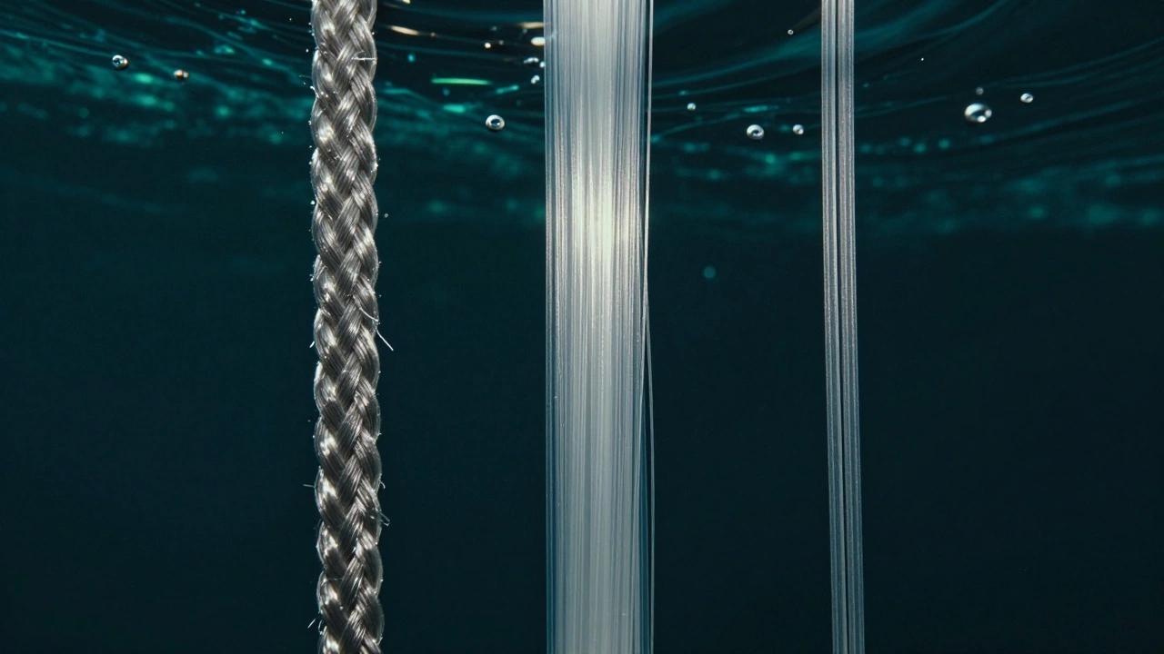 Сравнение плетенки, флюорокарбона и нейлона на темном фоне