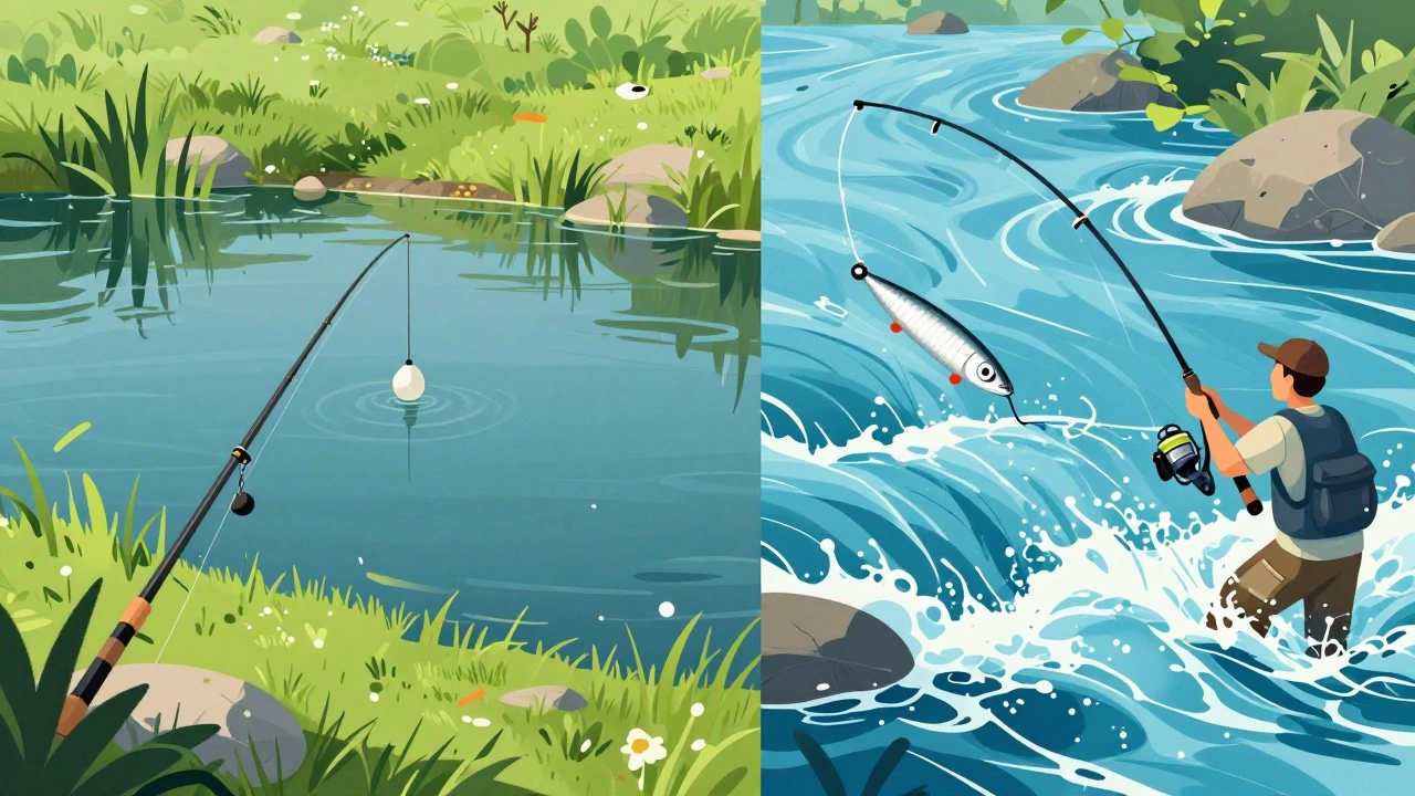 Сравнение поплавочной ловли на тихом пруду и активной рыбалки на спиннинг в реке
