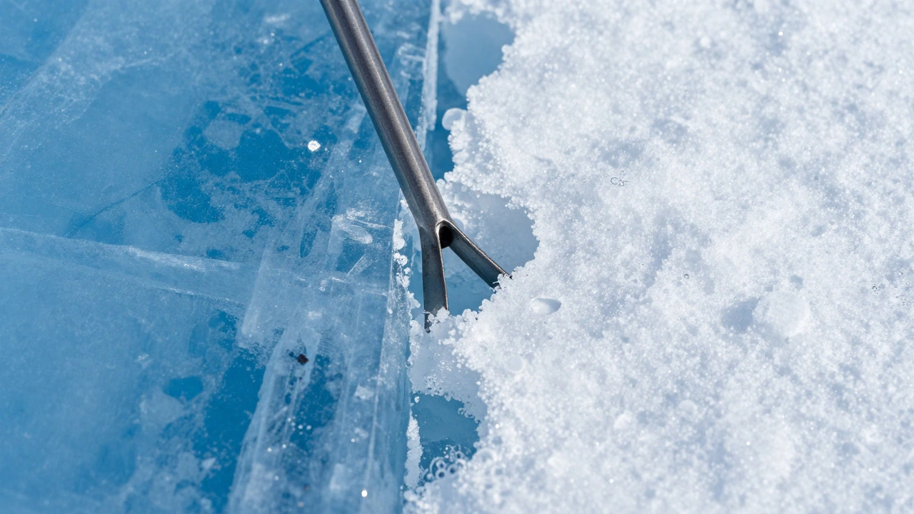 Сравнение прозрачного голубого льда и белого пористого снежного льда с ледобуром