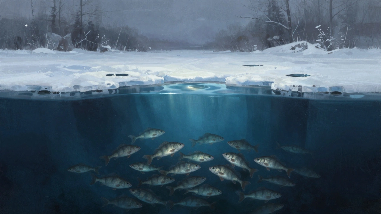 Стая окуней в глубокой зимней яме под толщей льда