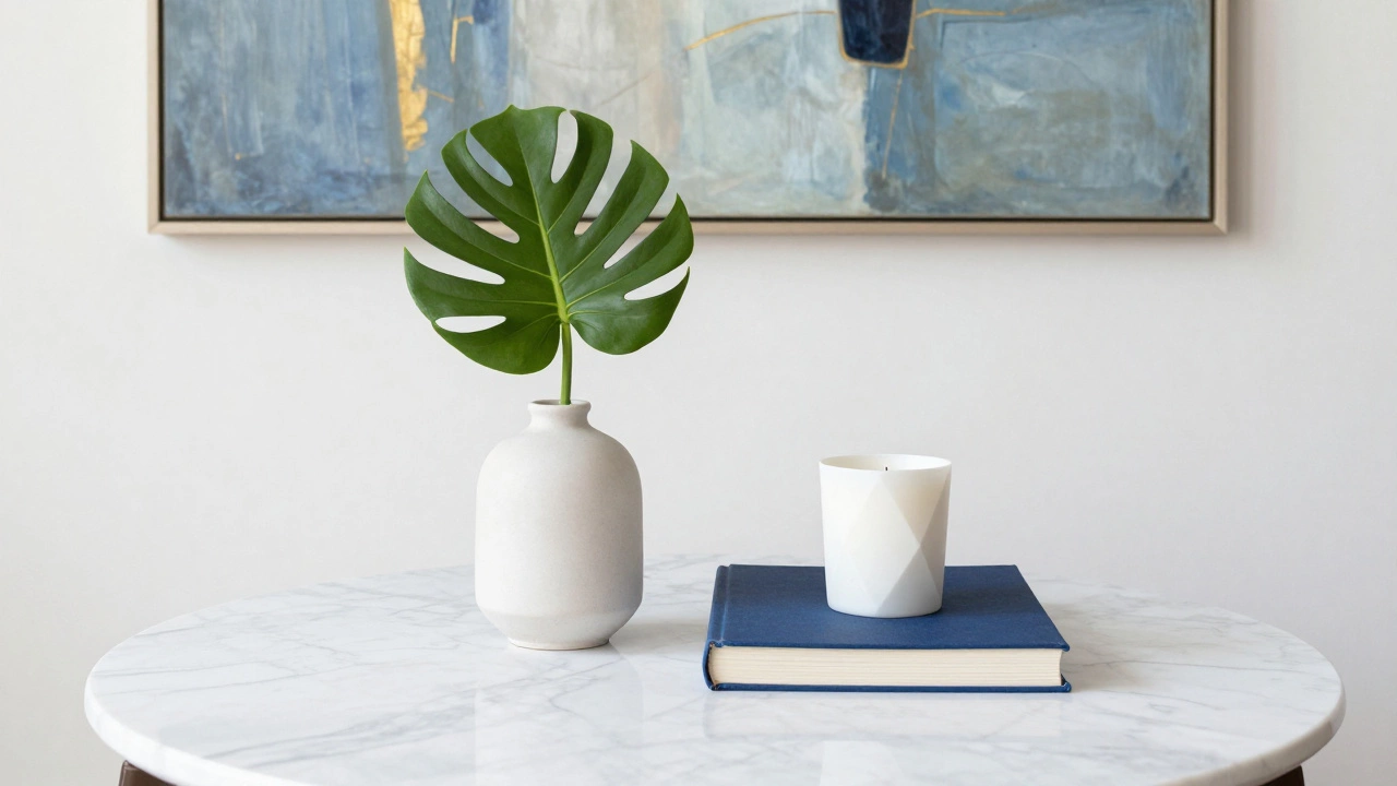 Стильная композиция на кофейном столике: ваза с растением, книга и свеча на фоне картины