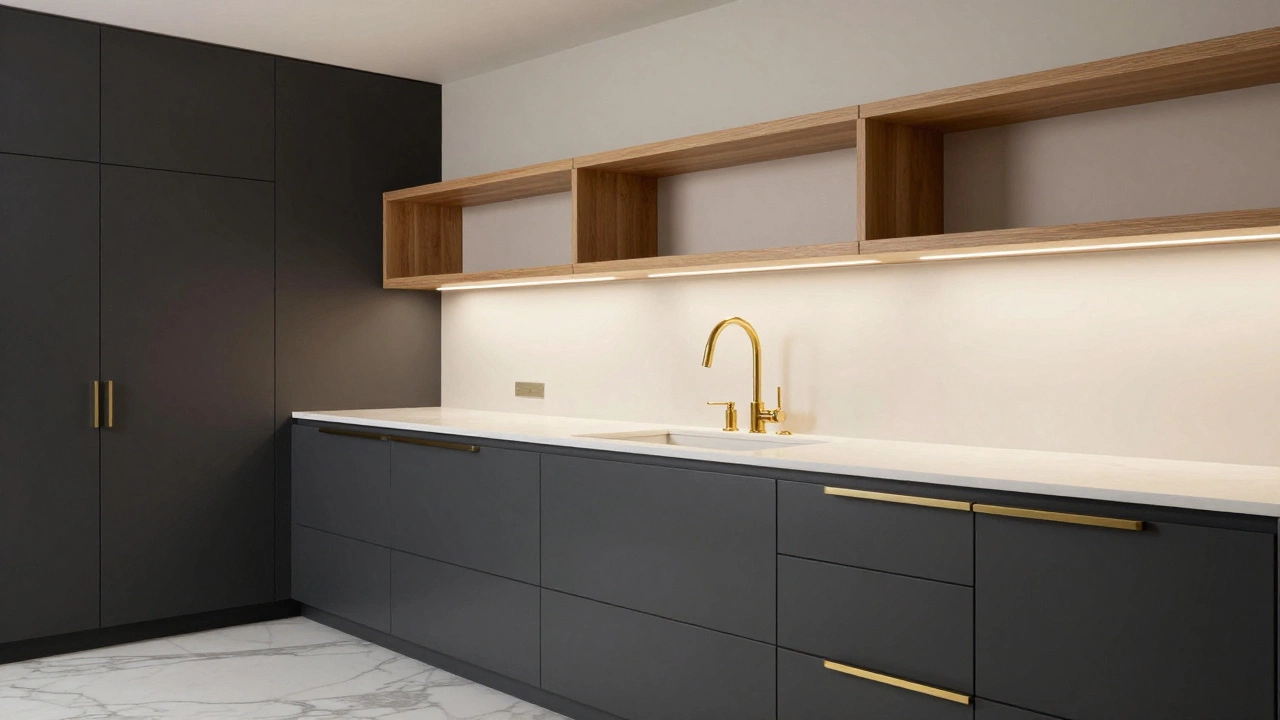 Стильная кухня с графитовыми нижними шкафами, белым мрамором и латунными деталями